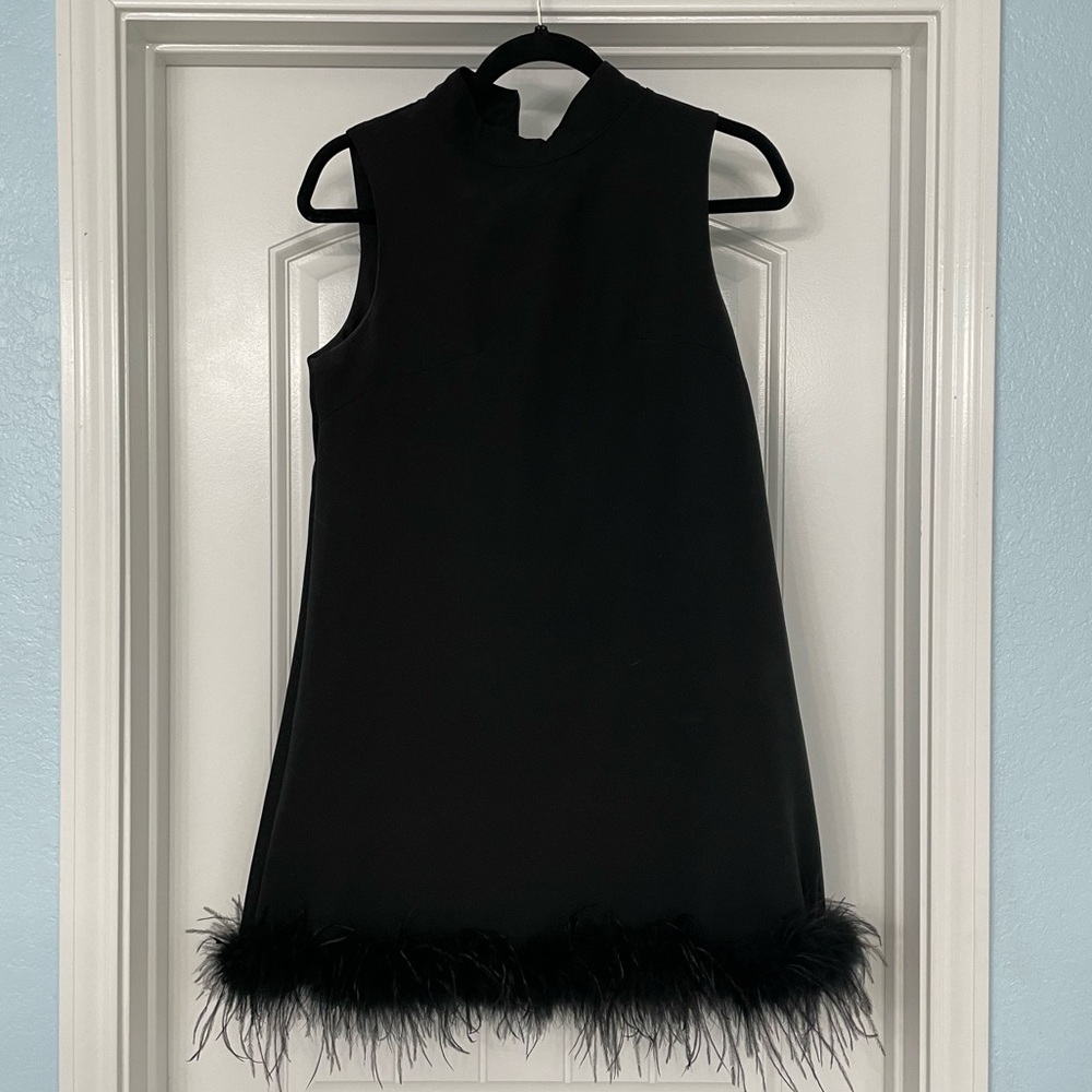 Black mini shift dress with fur trim
